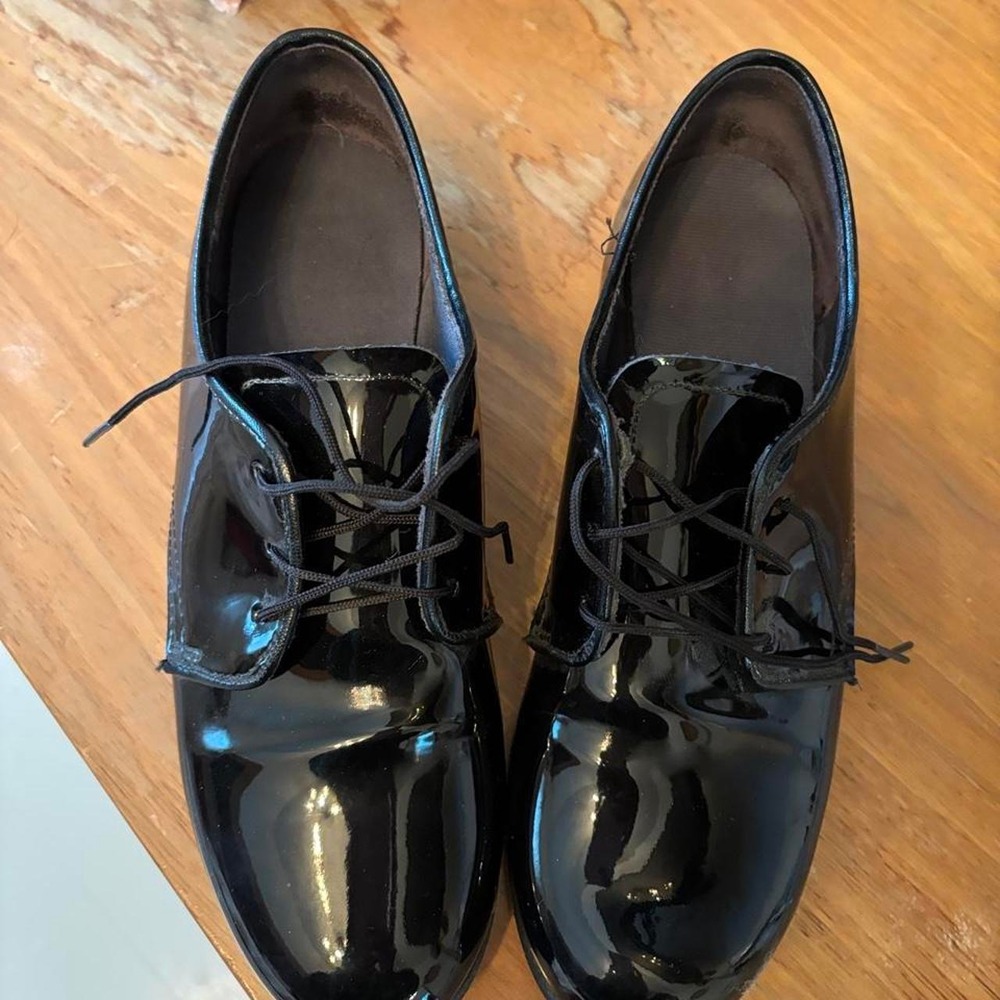 Black Patent Preppy Leather Oxfords Lace Up Dress Shoes with Vibram Heels